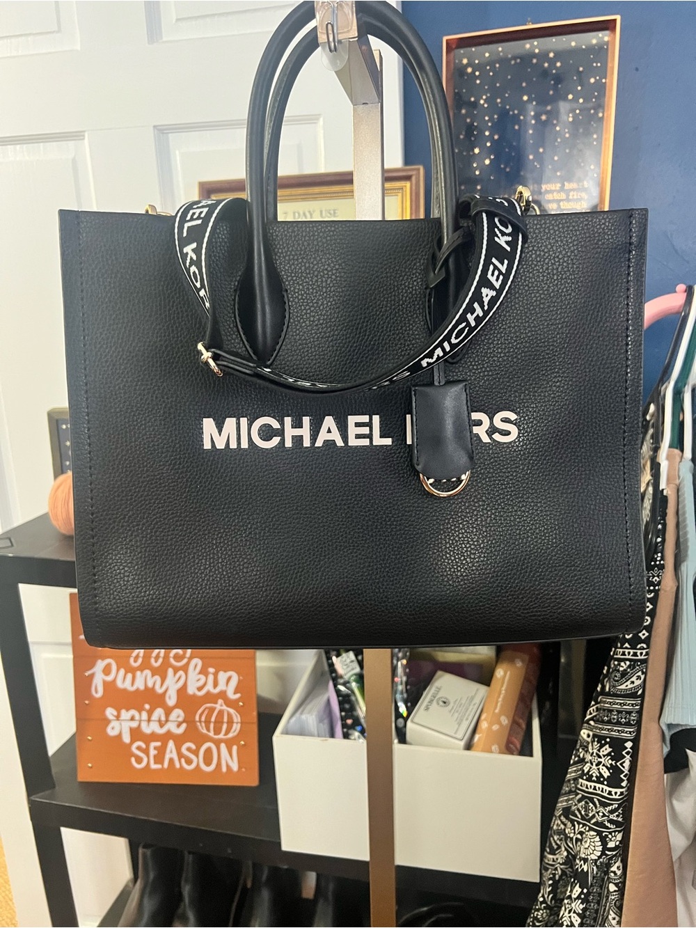Michael Kors Black Pebbled Leather Logo Tote with Branded Strap